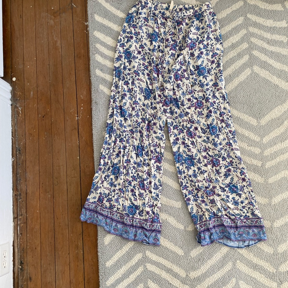 Spell and Gypsy Blue and White Wide Leg Pants with Floral Design